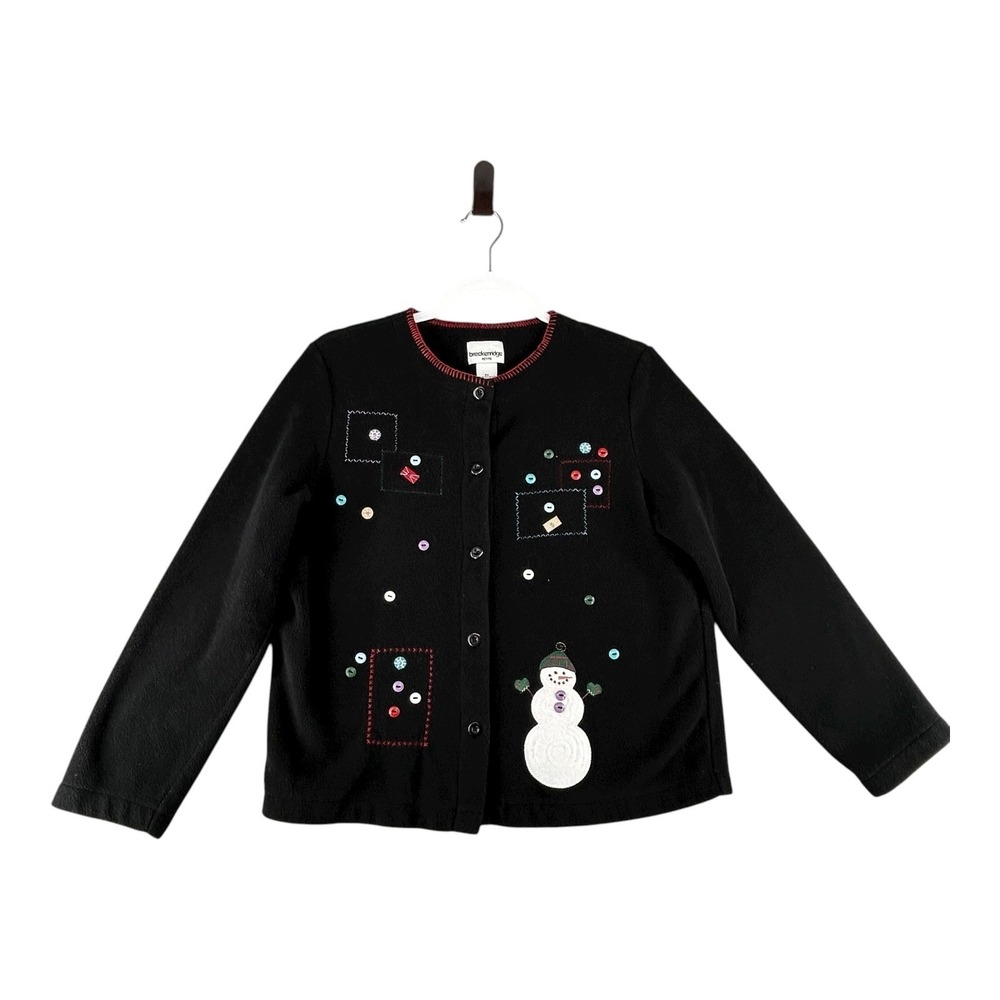 Breckenridge Petite Black Fleece‎ Snowman Button Front Cardigan Womens Medium P